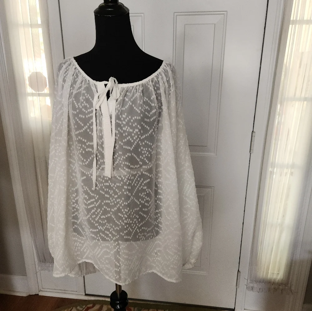Jessica Simpson White Long Sleeve Dotted Swiss Sheer Blouse Size Plus 1X - Picture 1 of 7